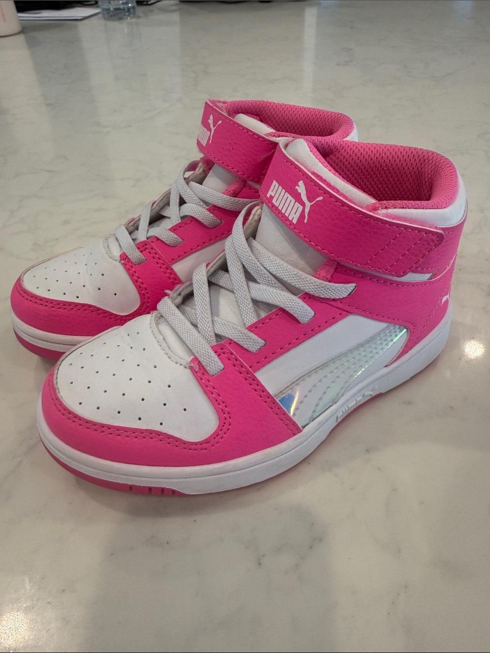 Puma Kids' Pink and White High-Top Sneakers with Iridescent Detail